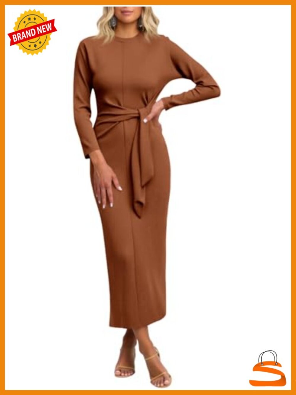 Long Sleeve Maxi Bodycon Dress Tie Waist Crew Neck Cocktail Party Work